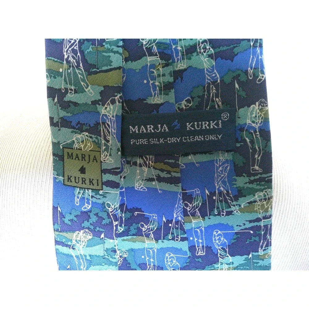 NEW Marja Kurki 100% Silk Tie  Blue and Green Golf Print